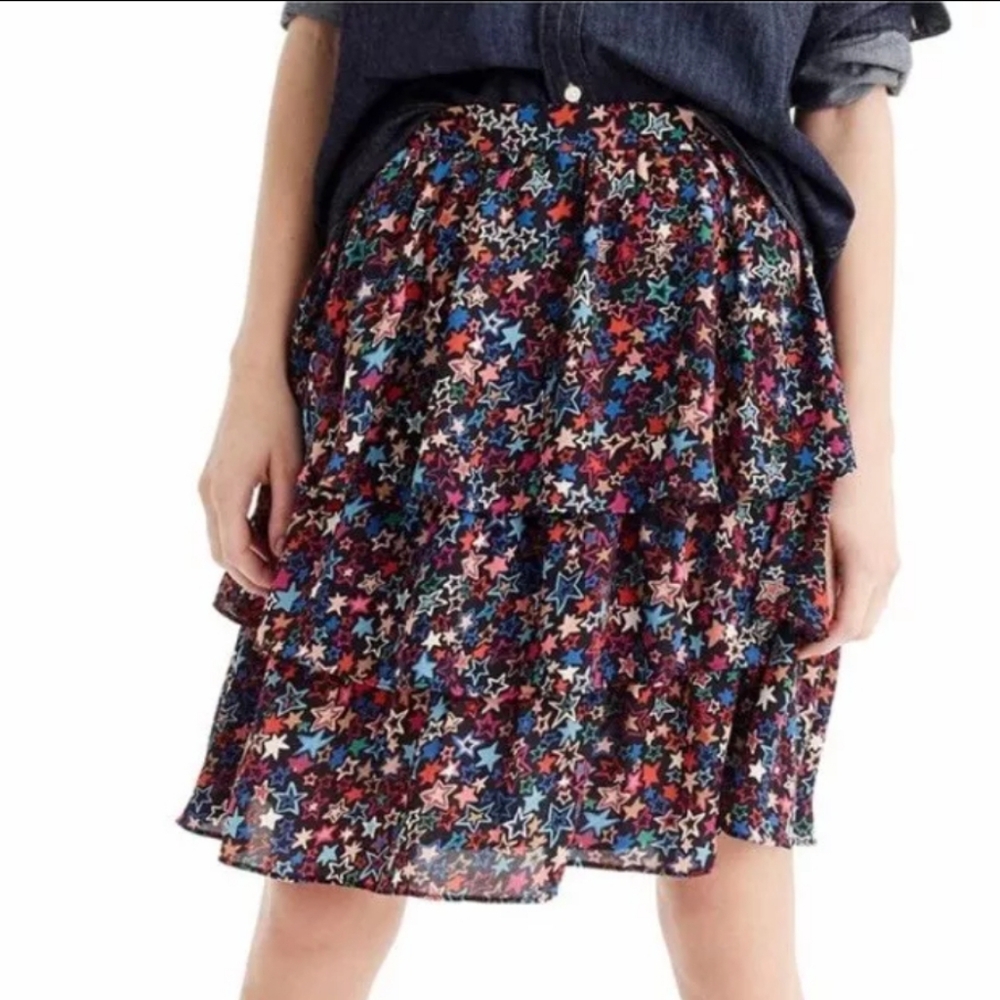 J Crew Womens 4 Kaleidoscope Skirt Star Print Tiered Ruffled Mini Black